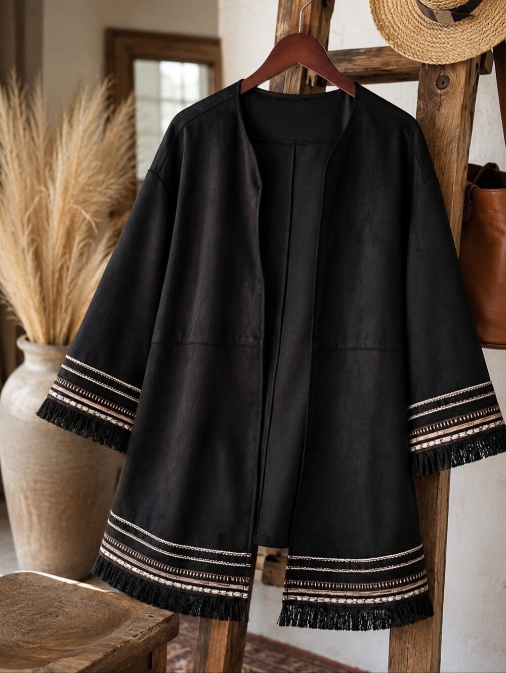 ZARA NWT Faux Suede Fringe Embroidered Open Front Jacket Boho Western XXL